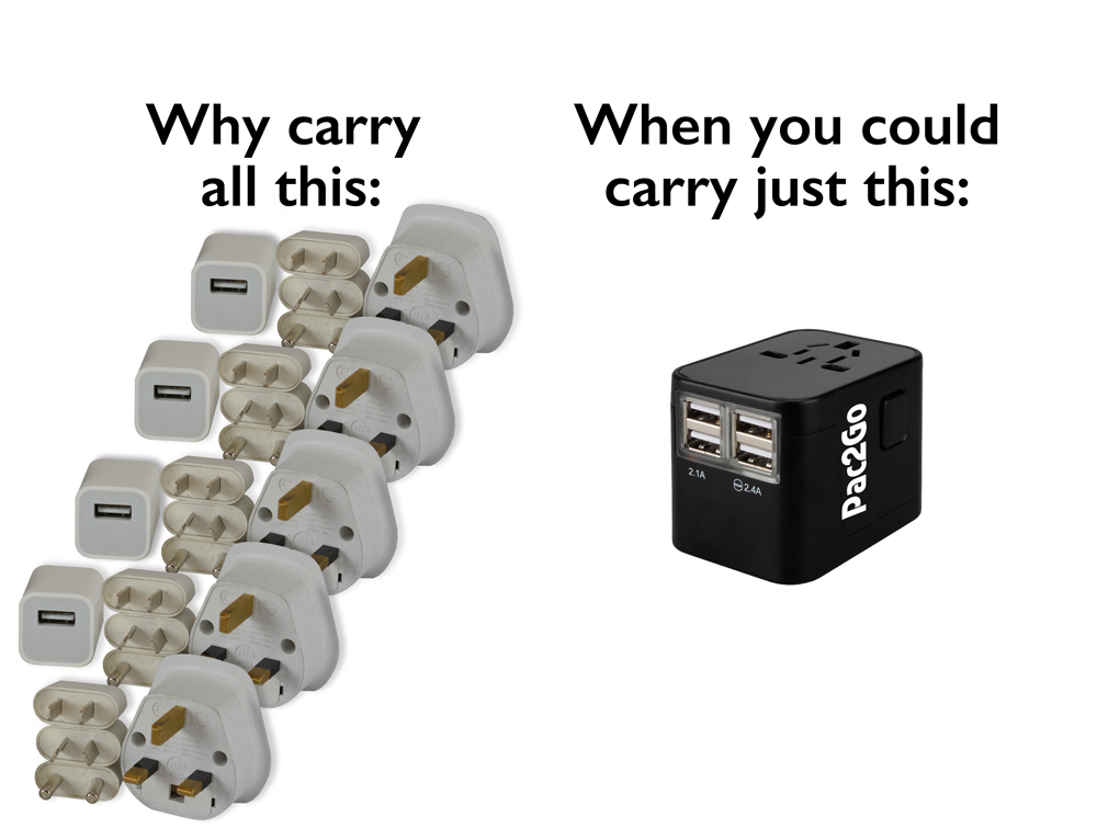 Pac2Go Universal Travel Adapter with Quad USB