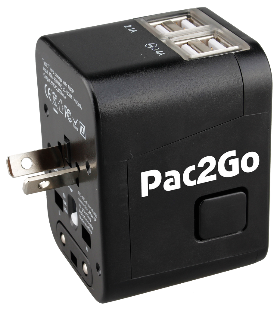 Pac2Go Universal Travel Adapter with Quad USB