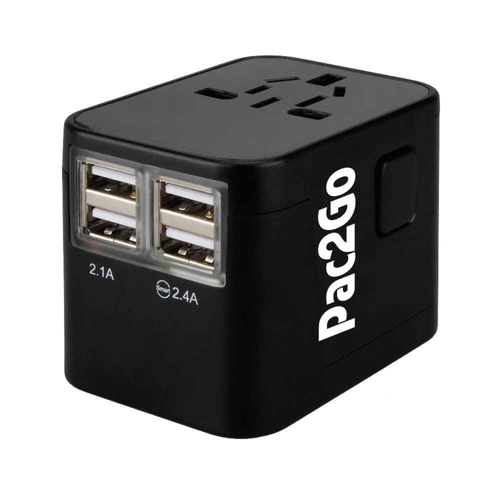 Pac2Go Universal Travel Adapter with Quad USB