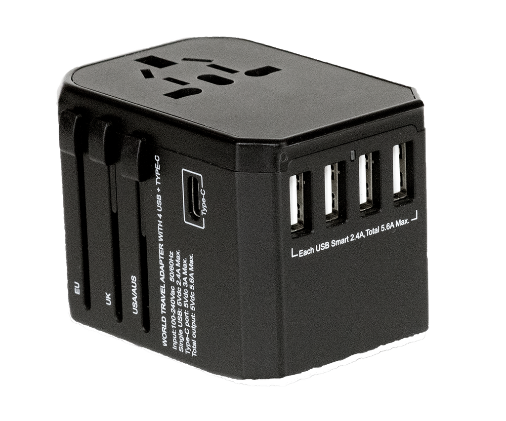 Pac2Go Universal Travel Adapter with Quad USB + USB-C Charger